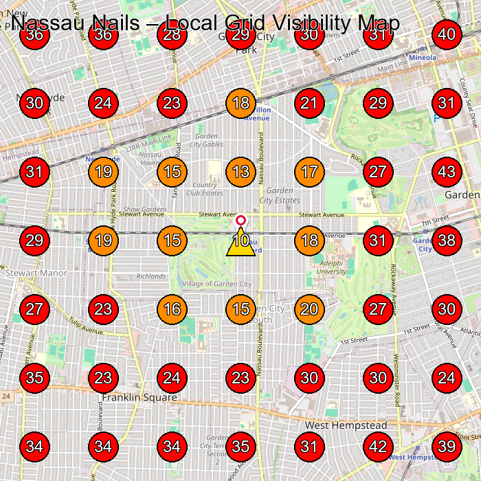 Nassau Nails GeoGrid visibility map for Shoe Repair Shop in Garden City